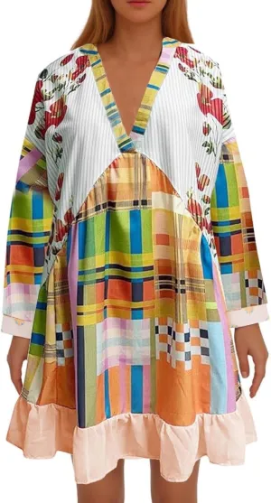 Hot Short Mini Dress Babydoll Dresses for Women Boho Y2K Fall Dress Flowy Deep V Neck Floral Long Sleeve