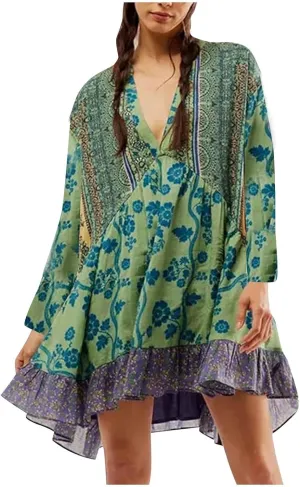 Hot Short Mini Dress Babydoll Dresses for Women Boho Y2K Fall Dress Flowy Deep V Neck Floral Long Sleeve