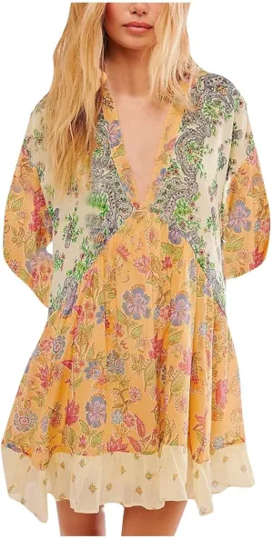 Hot Short Mini Dress Babydoll Dresses for Women Boho Y2K Fall Dress Flowy Deep V Neck Floral Long Sleeve