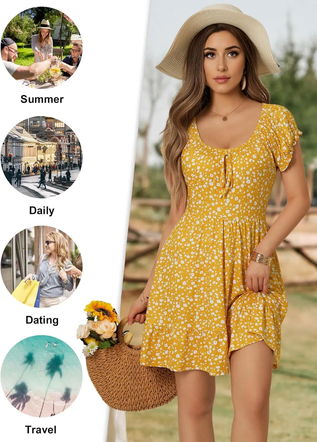 HUHOT Teen Petite Women Floral Short Summer Mini Dresses with Pockets Cute Milkmaid Sundress