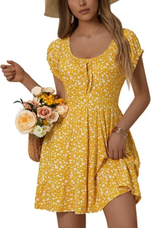 HUHOT Teen Petite Women Floral Short Summer Mini Dresses with Pockets Cute Milkmaid Sundress