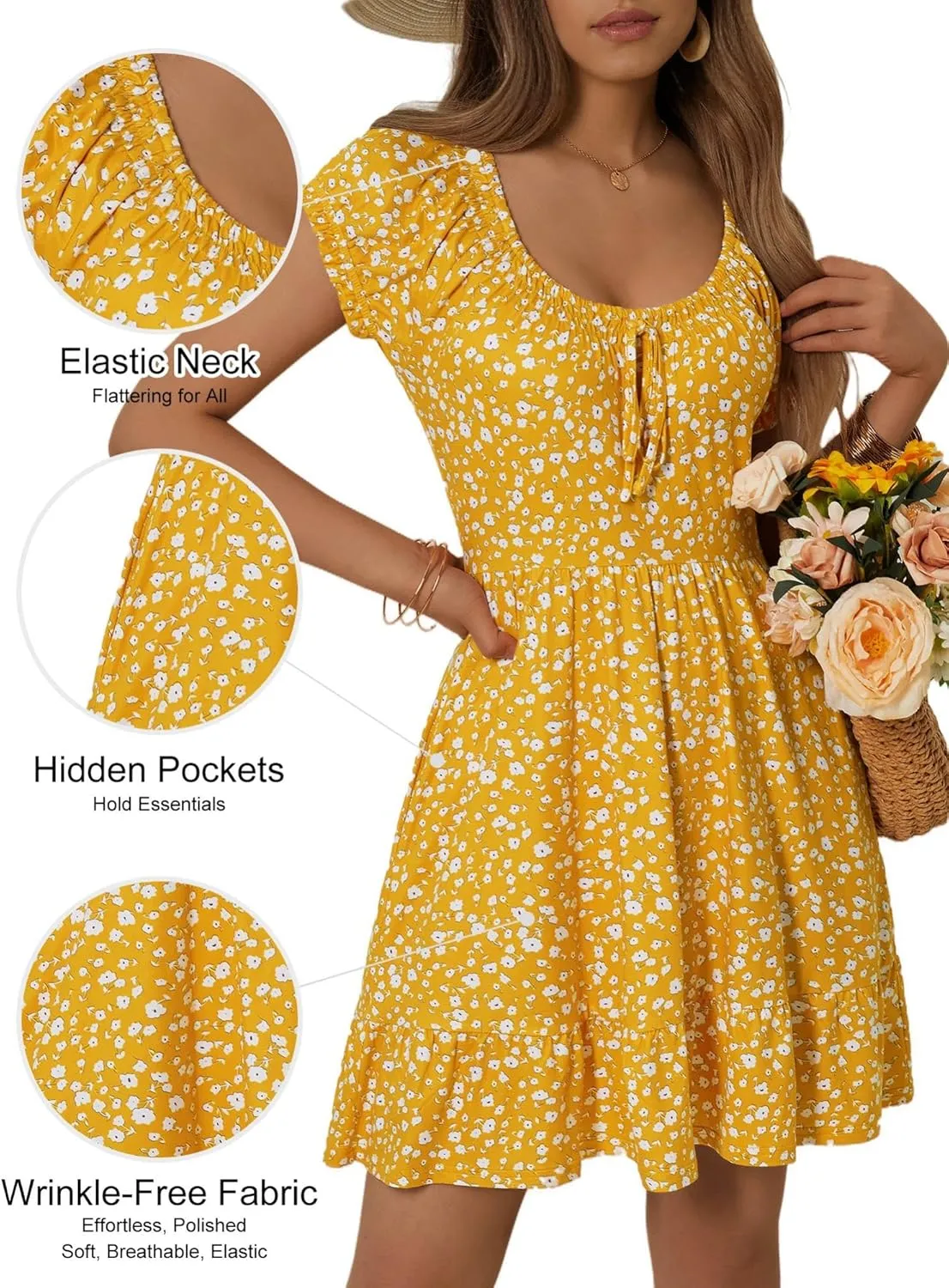 HUHOT Teen Petite Women Floral Short Summer Mini Dresses with Pockets Cute Milkmaid Sundress
