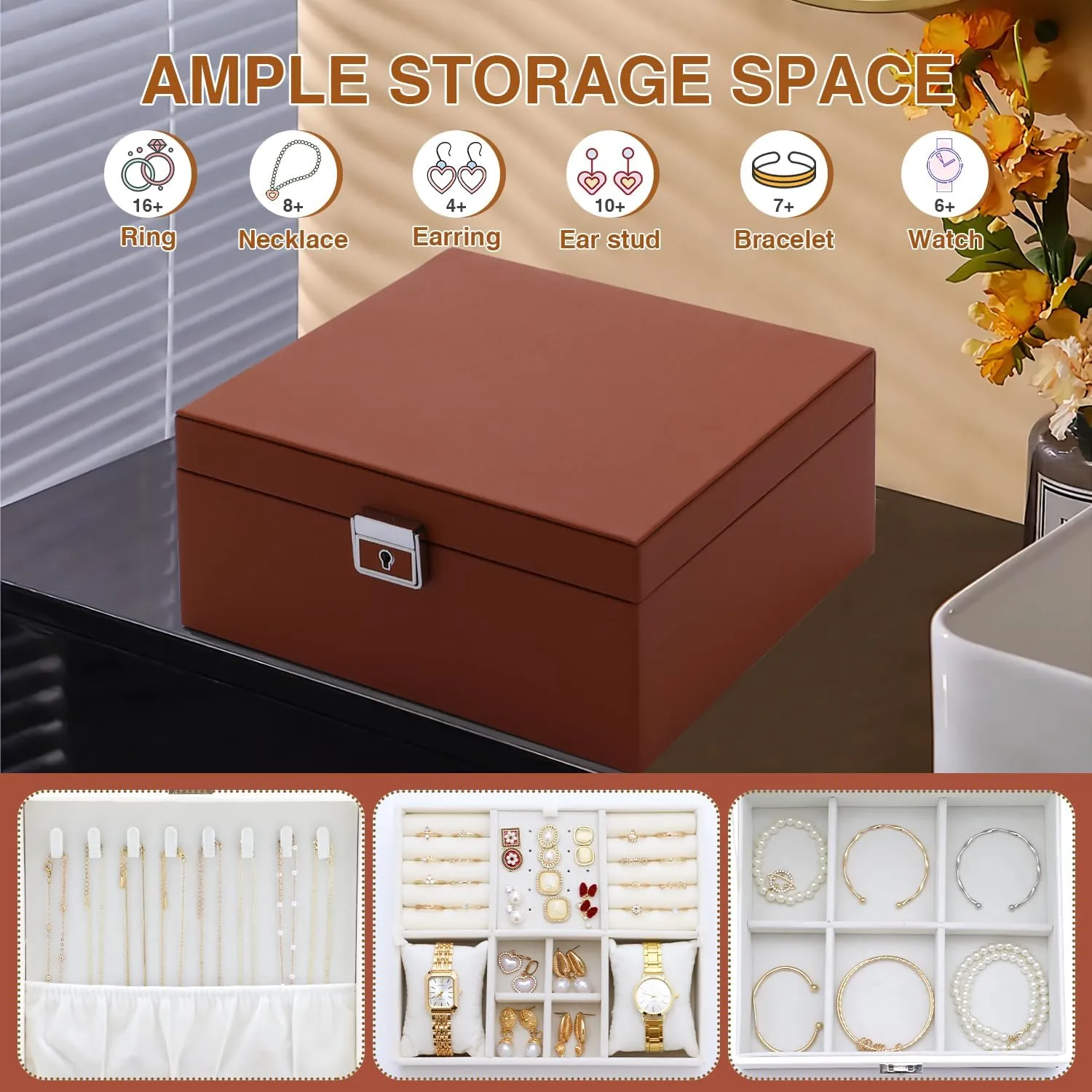 Jewelry Organizer Box for Women,Large Genuine Leather Jewelry Organizers and Storage with Earring Holder Organizer Removable Velvet Jewelry Tray,Christmas Gifts for Mom,Orange