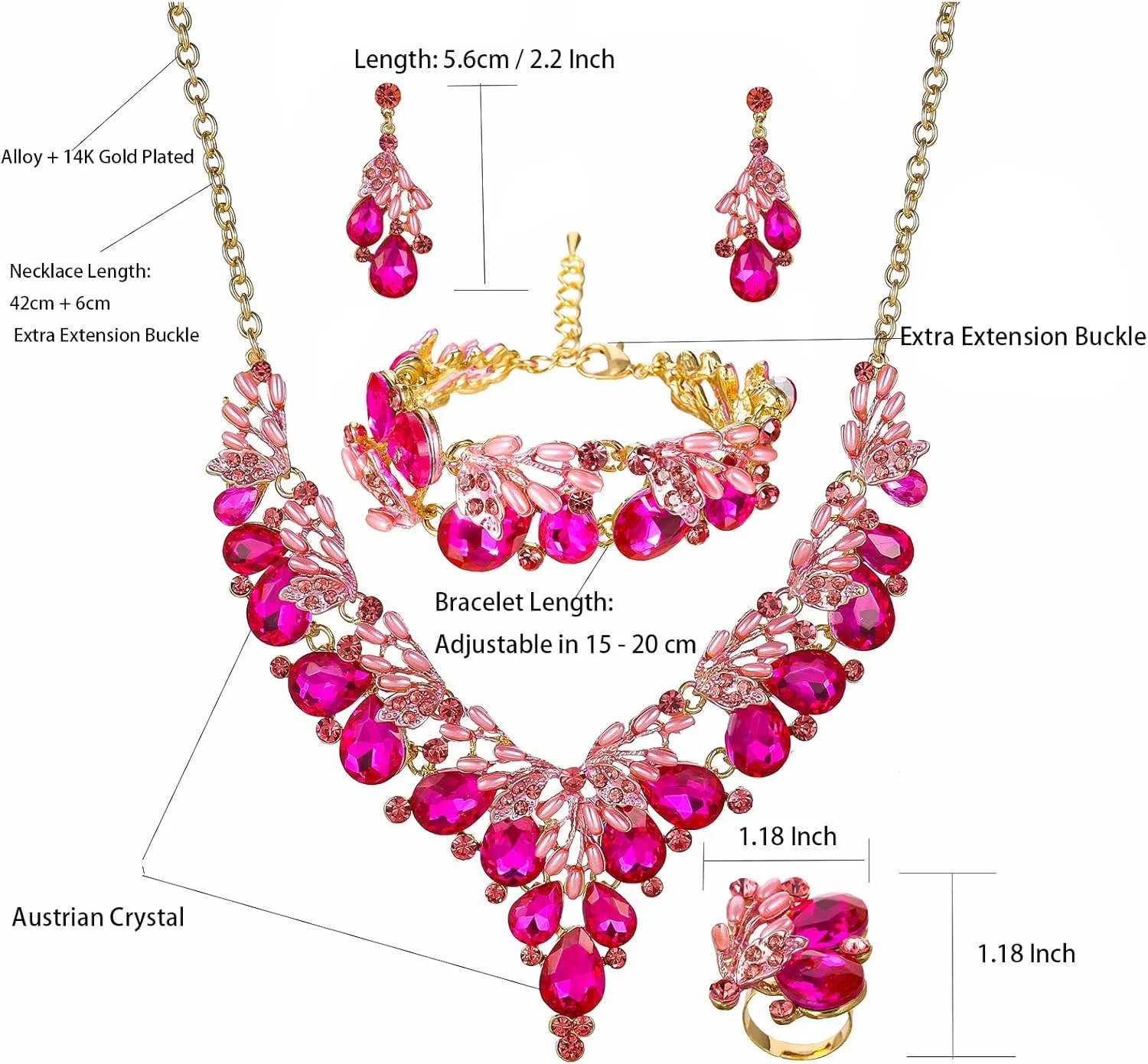 Jewelry Set for Women, Statement Necklace Dangle Earrings Bracelet Ring, White/KC Gold Plated Jewelry Set with Rhinestone Pearl Crystal Wedding Party Jewelry for Bridal Bridesmaid
