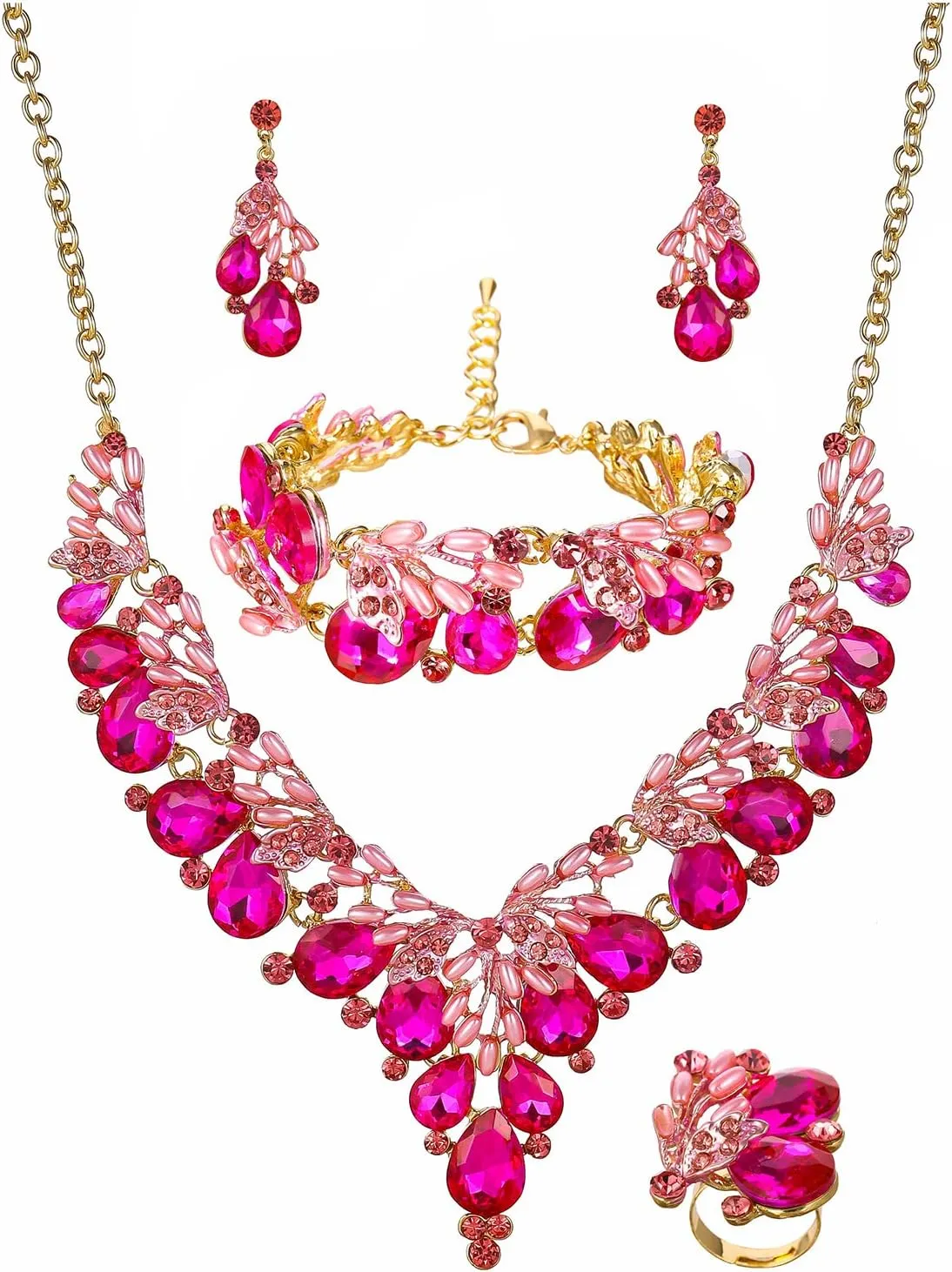 Jewelry Set for Women, Statement Necklace Dangle Earrings Bracelet Ring, White/KC Gold Plated Jewelry Set with Rhinestone Pearl Crystal Wedding Party Jewelry for Bridal Bridesmaid