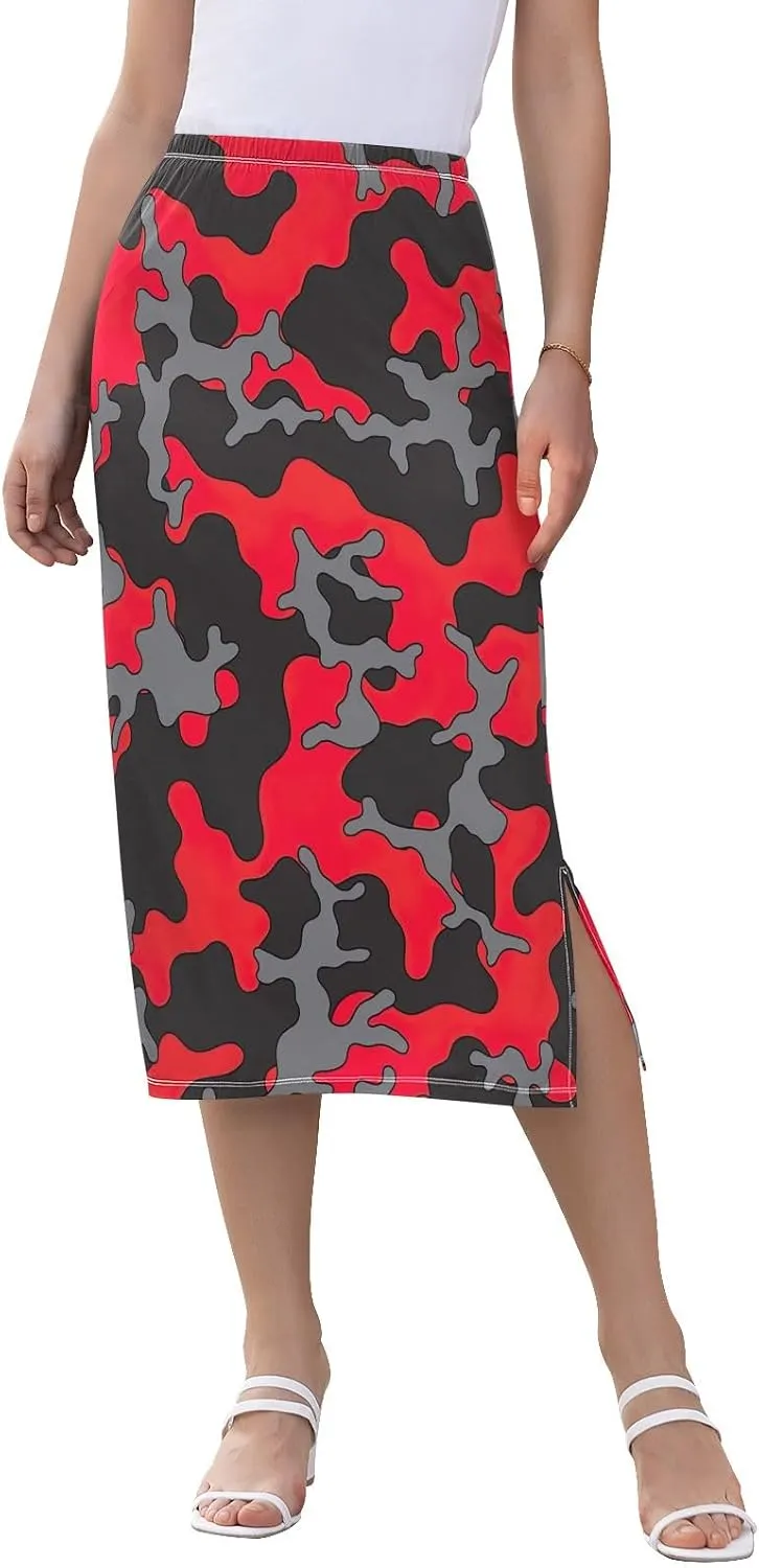 Joisal Black Red and Gray Camouflage Tea Length Skirt Women's Skirt with Slit, Women's Long Skirt Pull on Midi Skirts for Women