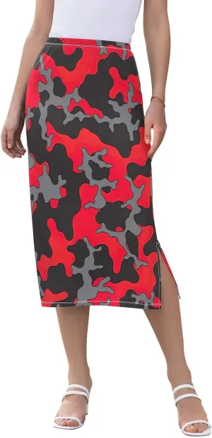 Joisal Black Red and Gray Camouflage Tea Length Skirt Women's Skirt with Slit, Women's Long Skirt Pull on Midi Skirts for Women