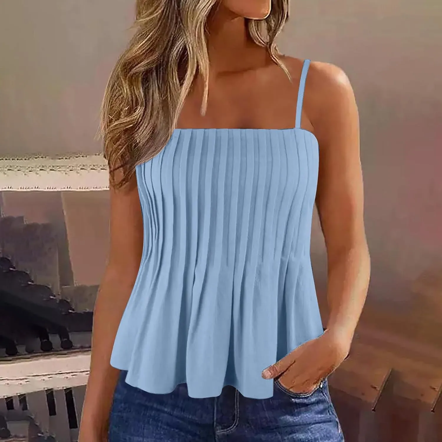 jsaierl Women's Boho Vacation Beach Camisole Tops Fashion Pleated Sleeveless T Shirt Summer Flowy Spaghetti Strap Tank Top