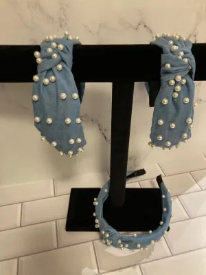 “Julissa” Pearl Embellished Headband- Light Denim