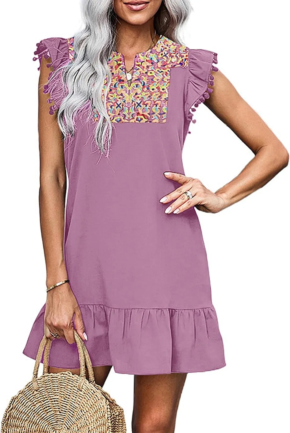 KIRUNDO Women's 2025 Summer Mini Dress Casual V Neck Floral Embroidered Ruffle Sleeveless Shift Flowy Boho Dress