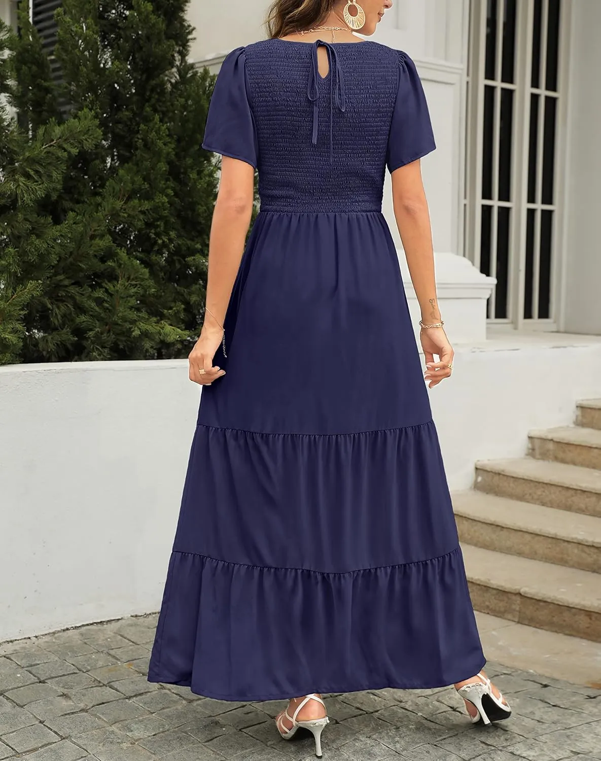 Kranda Women Summer Round Neck Flutter Short Sleeve Smocked Ruffle Tiered Solid Color Maxi Long Dress 2023