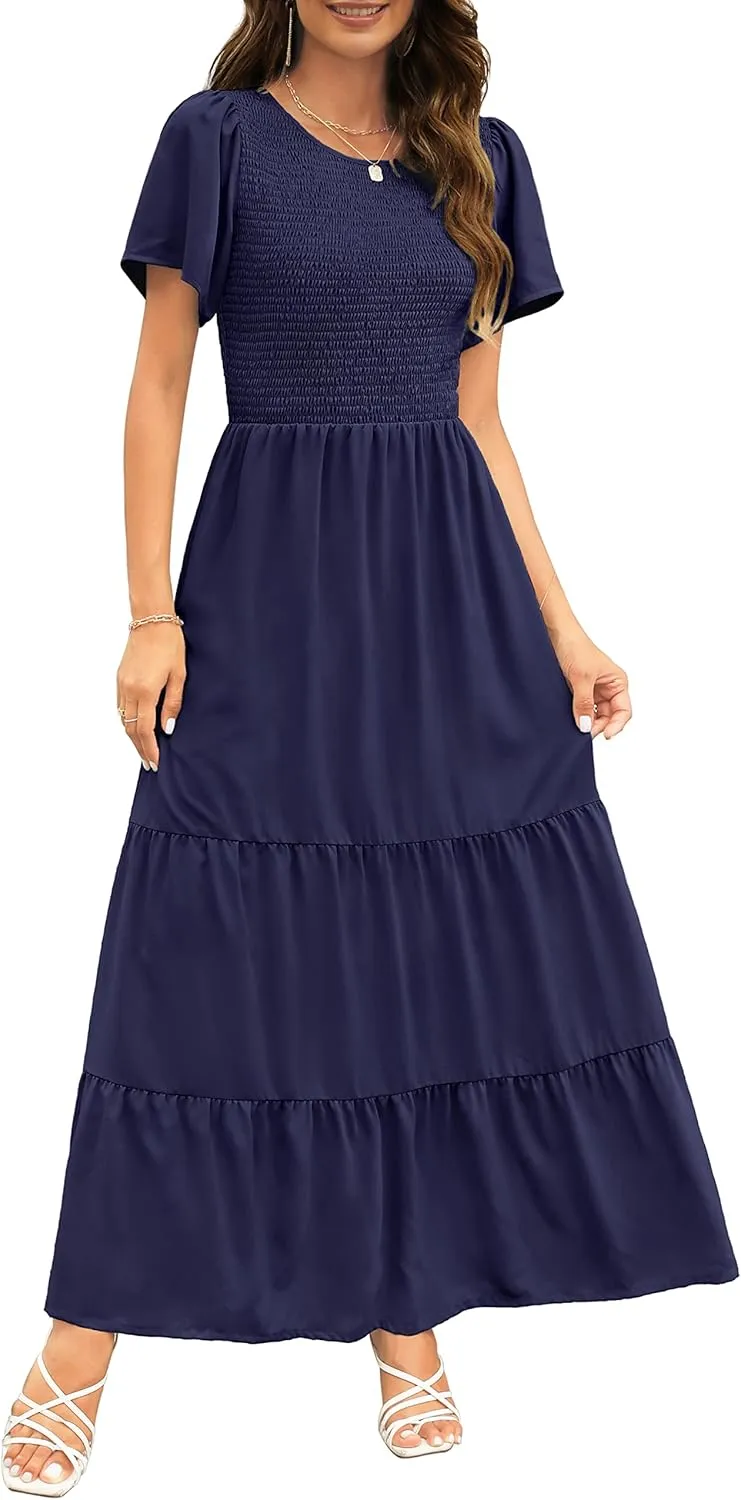 Kranda Women Summer Round Neck Flutter Short Sleeve Smocked Ruffle Tiered Solid Color Maxi Long Dress 2023