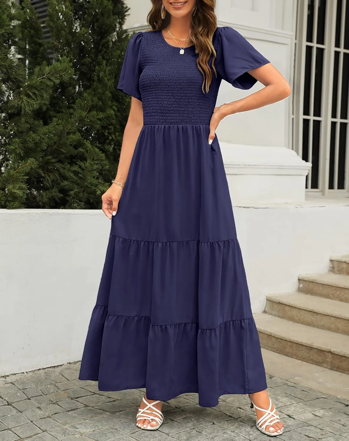Kranda Women Summer Round Neck Flutter Short Sleeve Smocked Ruffle Tiered Solid Color Maxi Long Dress 2023