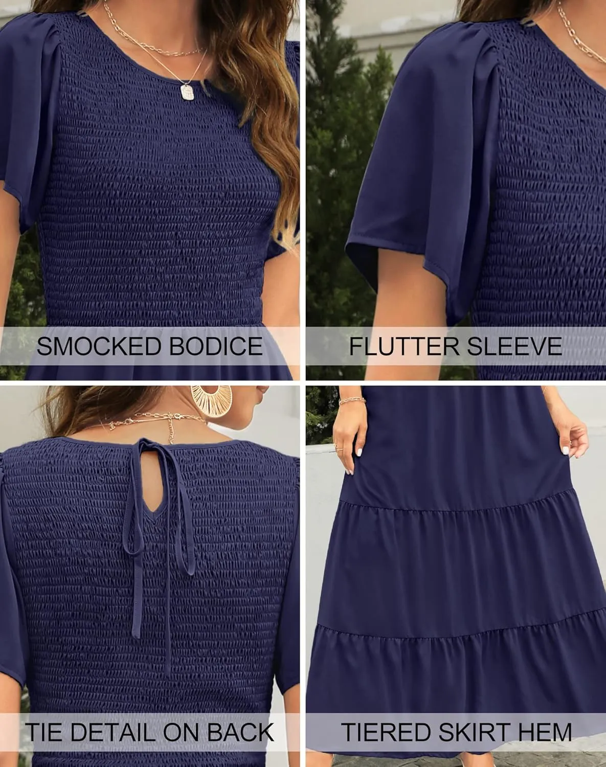 Kranda Women Summer Round Neck Flutter Short Sleeve Smocked Ruffle Tiered Solid Color Maxi Long Dress 2023