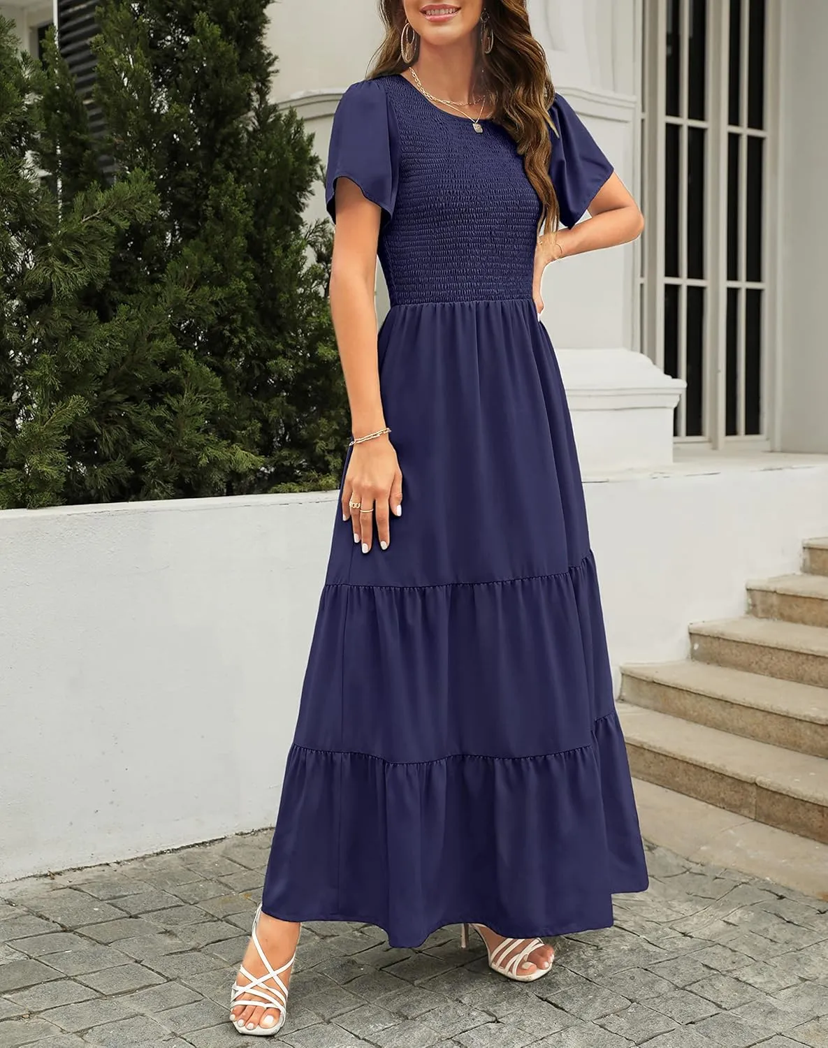 Kranda Women Summer Round Neck Flutter Short Sleeve Smocked Ruffle Tiered Solid Color Maxi Long Dress 2023