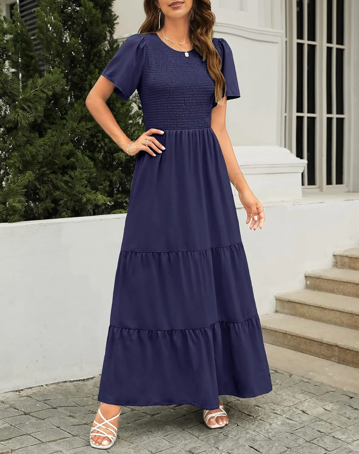 Kranda Women Summer Round Neck Flutter Short Sleeve Smocked Ruffle Tiered Solid Color Maxi Long Dress 2023