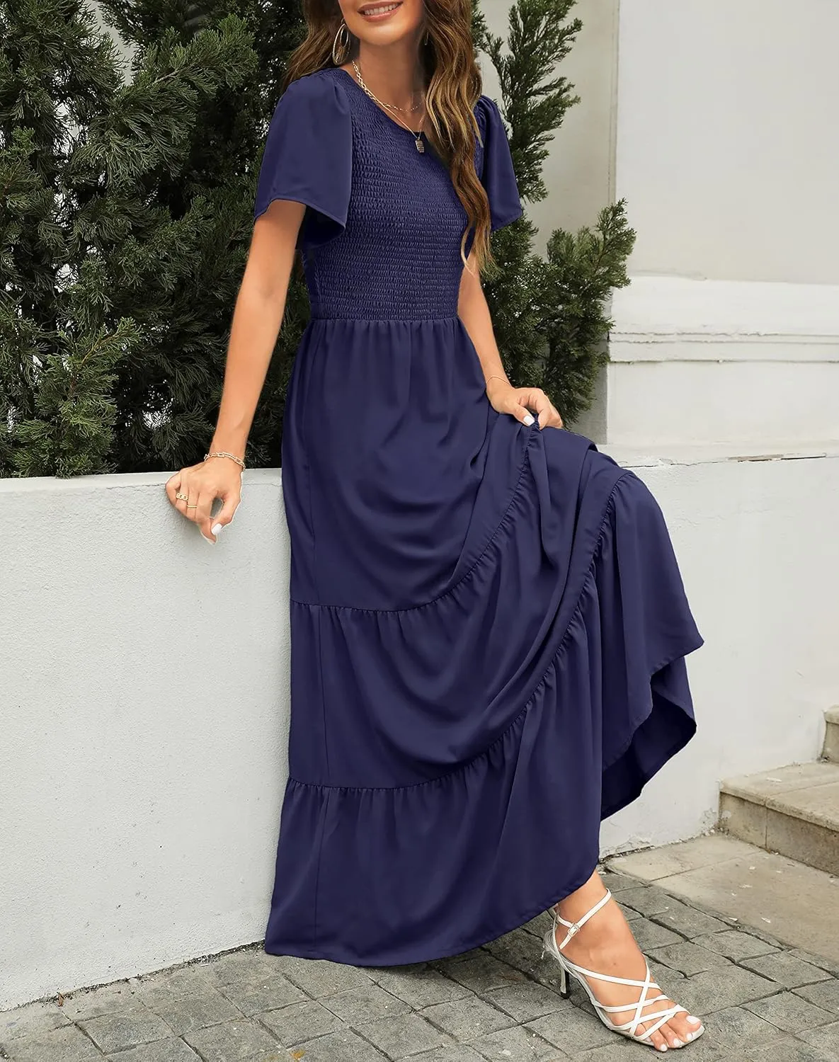 Kranda Women Summer Round Neck Flutter Short Sleeve Smocked Ruffle Tiered Solid Color Maxi Long Dress 2023