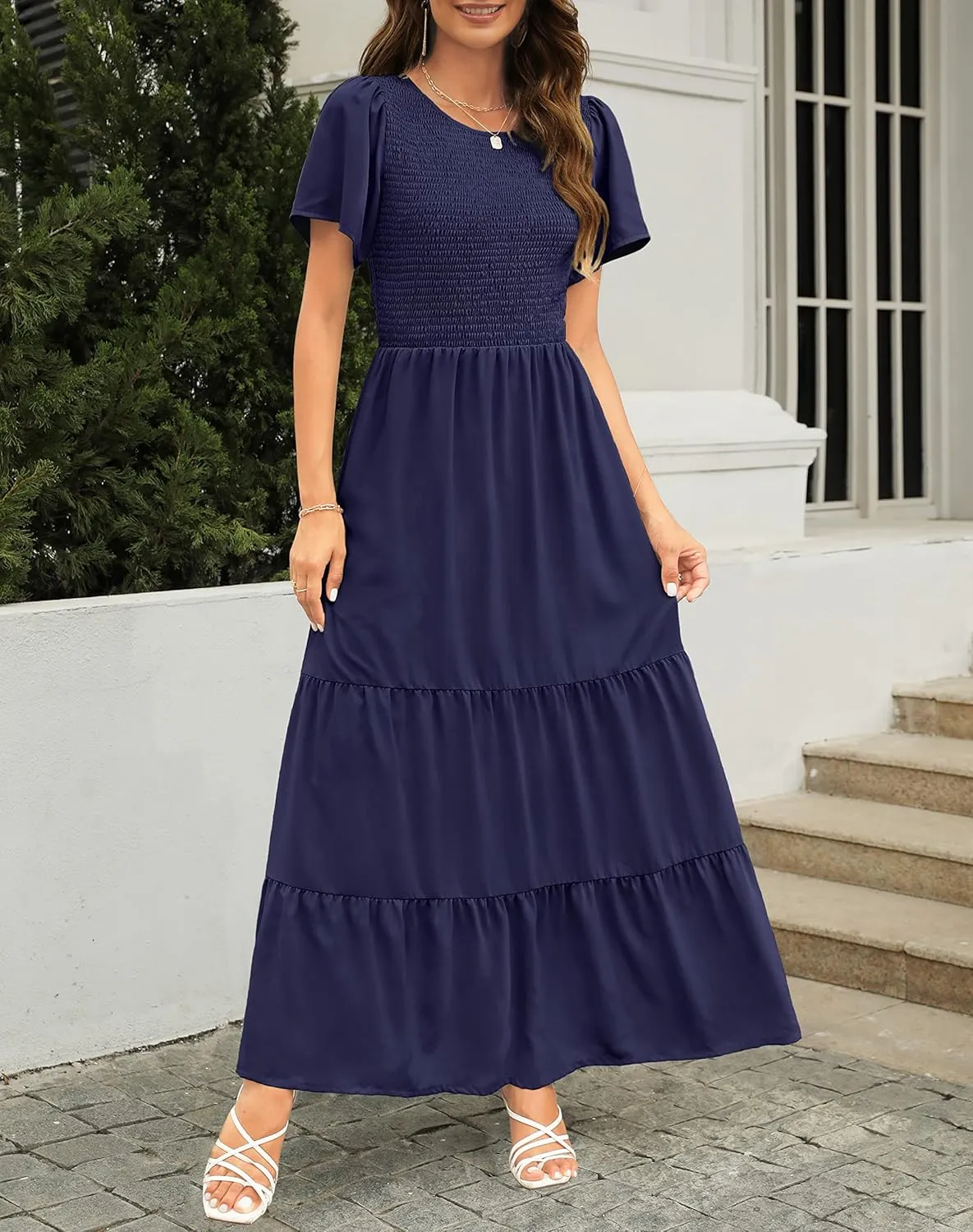 Kranda Women Summer Round Neck Flutter Short Sleeve Smocked Ruffle Tiered Solid Color Maxi Long Dress 2023