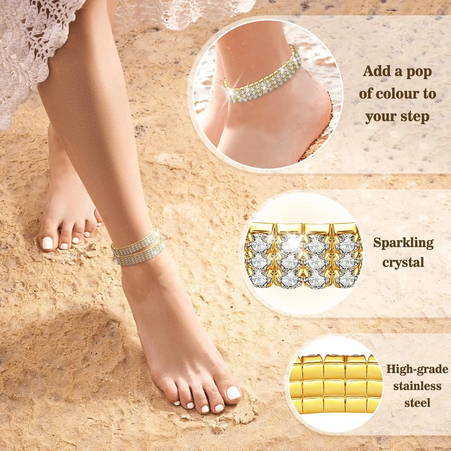 Kucheed 2PCS Twinkle Diamond Anklet Elastic Bling Shining Foot Jewelry Rhinestones Bridal SummerAnkle Bracelet Jewelry