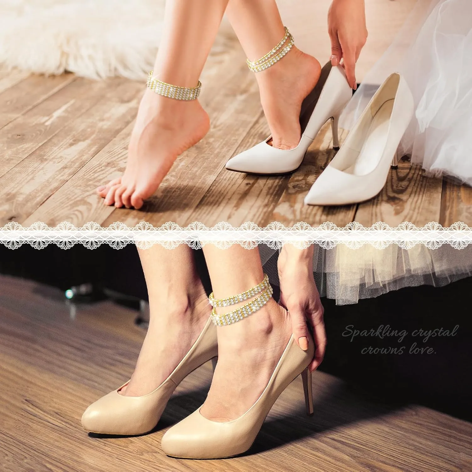 Kucheed 2PCS Twinkle Diamond Anklet Elastic Bling Shining Foot Jewelry Rhinestones Bridal SummerAnkle Bracelet Jewelry