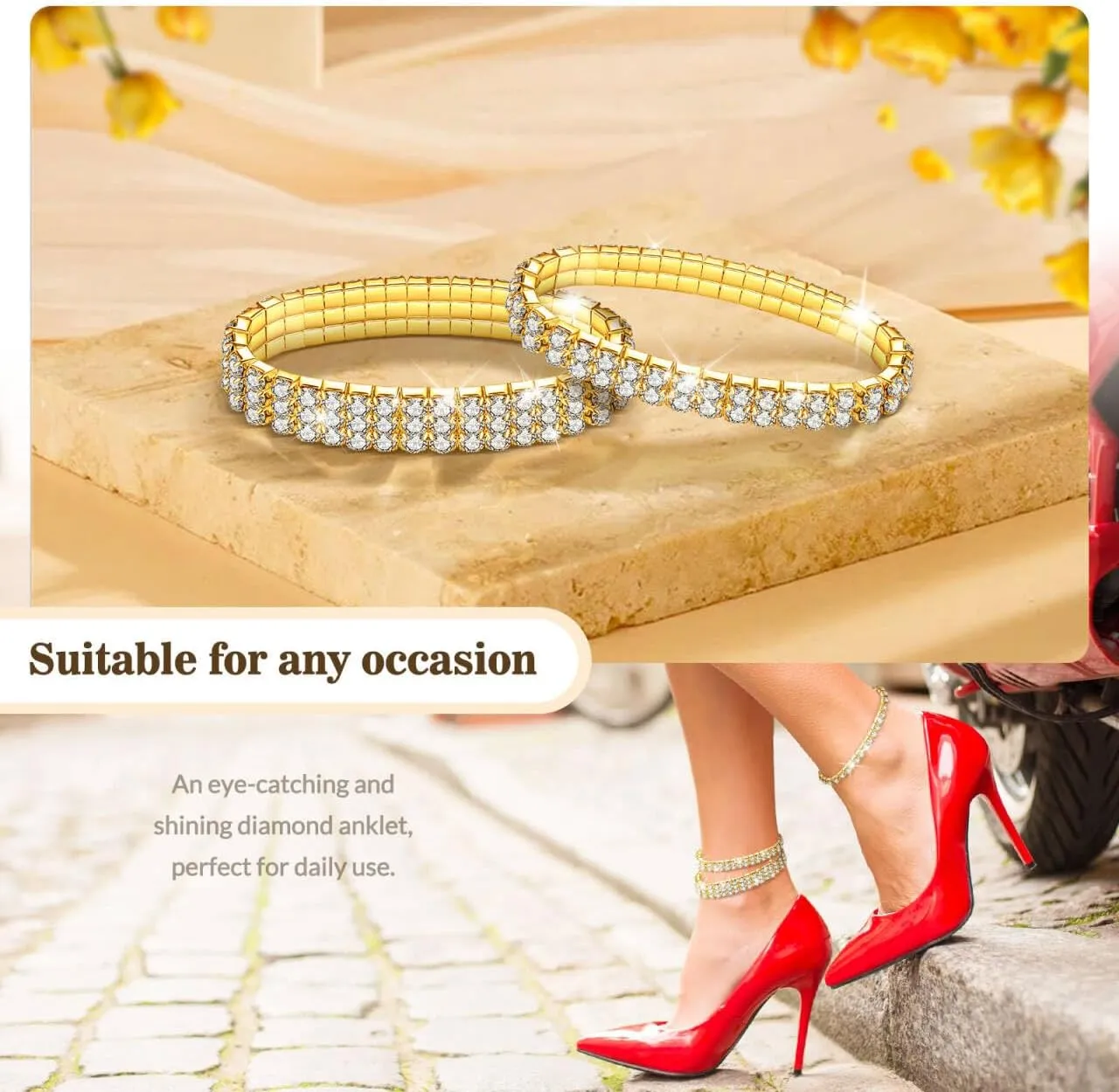 Kucheed 2PCS Twinkle Diamond Anklet Elastic Bling Shining Foot Jewelry Rhinestones Bridal SummerAnkle Bracelet Jewelry