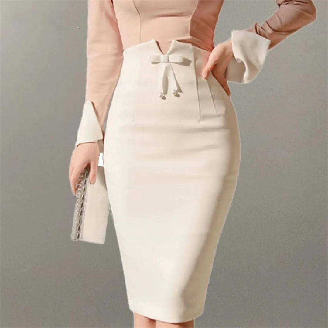 Ladies Summer Vintage White Skirts High Waist Pencil Skirts Elegant Bow Bodycon Midi Skirts