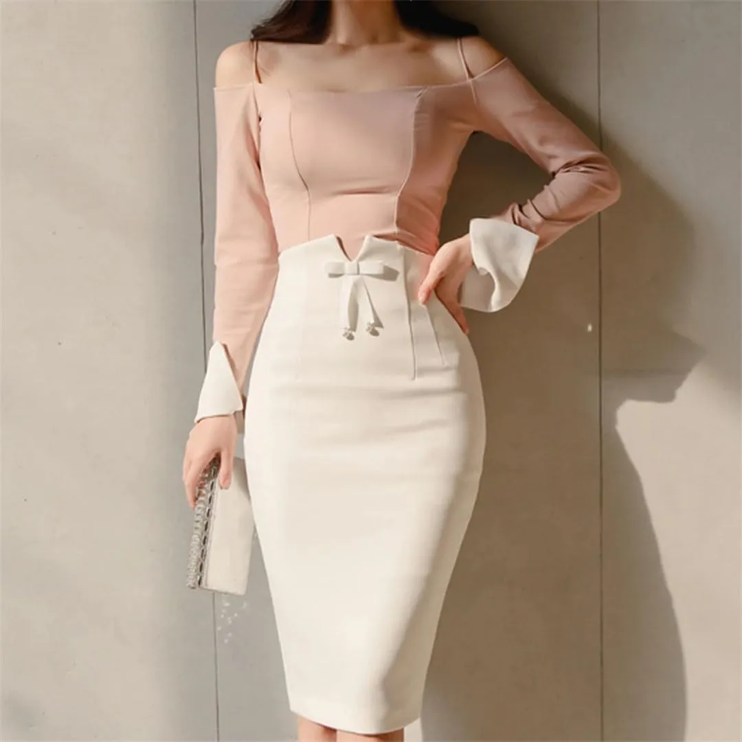 Ladies Summer Vintage White Skirts High Waist Pencil Skirts Elegant Bow Bodycon Midi Skirts