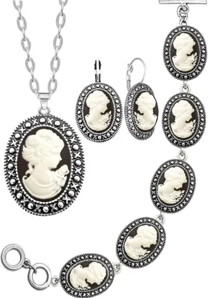 Lady Queen Cameo Jewelry Sets Vintage Look Necklace Earrings Bracelet Antique Silver Plated Fashion Jewelry