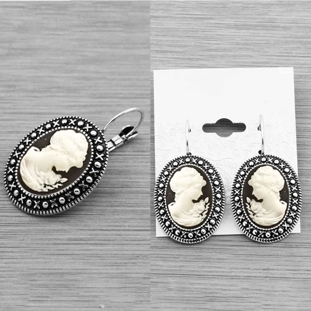 Lady Queen Cameo Jewelry Sets Vintage Look Necklace Earrings Bracelet Antique Silver Plated Fashion Jewelry