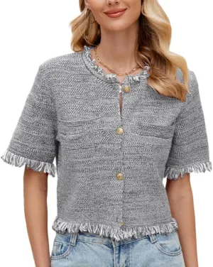 Ladyful Womens Short Sleeve Cardigan Sweater Summer Lightweight Y2K Knitted Open Front Crop Sweater Top