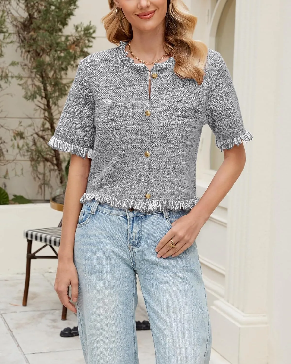 Ladyful Womens Short Sleeve Cardigan Sweater Summer Lightweight Y2K Knitted Open Front Crop Sweater Top