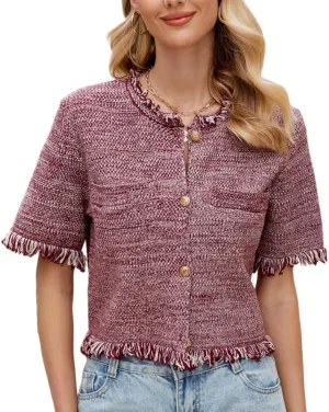 Ladyful Womens Short Sleeve Cardigan Sweater Summer Lightweight Y2K Knitted Open Front Crop Sweater Top