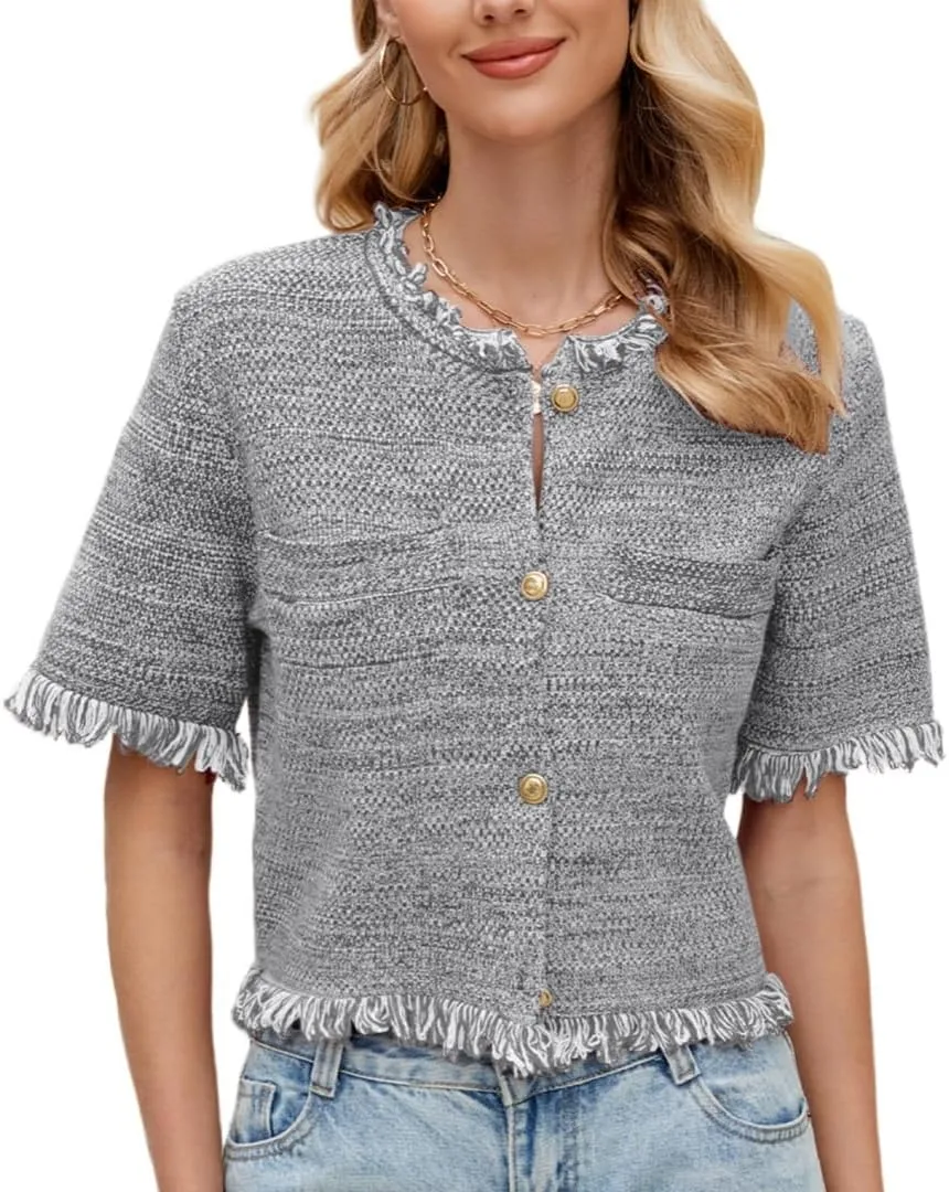 Ladyful Womens Short Sleeve Cardigan Sweater Summer Lightweight Y2K Knitted Open Front Crop Sweater Top