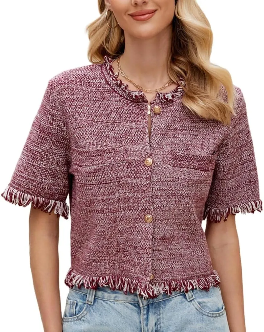 Ladyful Womens Short Sleeve Cardigan Sweater Summer Lightweight Y2K Knitted Open Front Crop Sweater Top