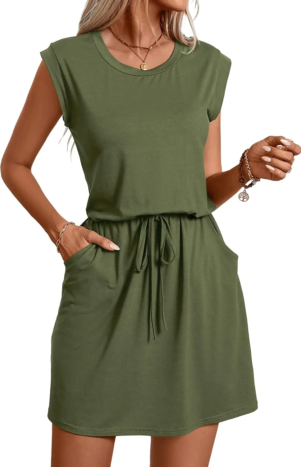levaca Womens Tshirt Dress Trendy Cap Sleee Drawstring Casual Summer Mini Sundress with Pockets