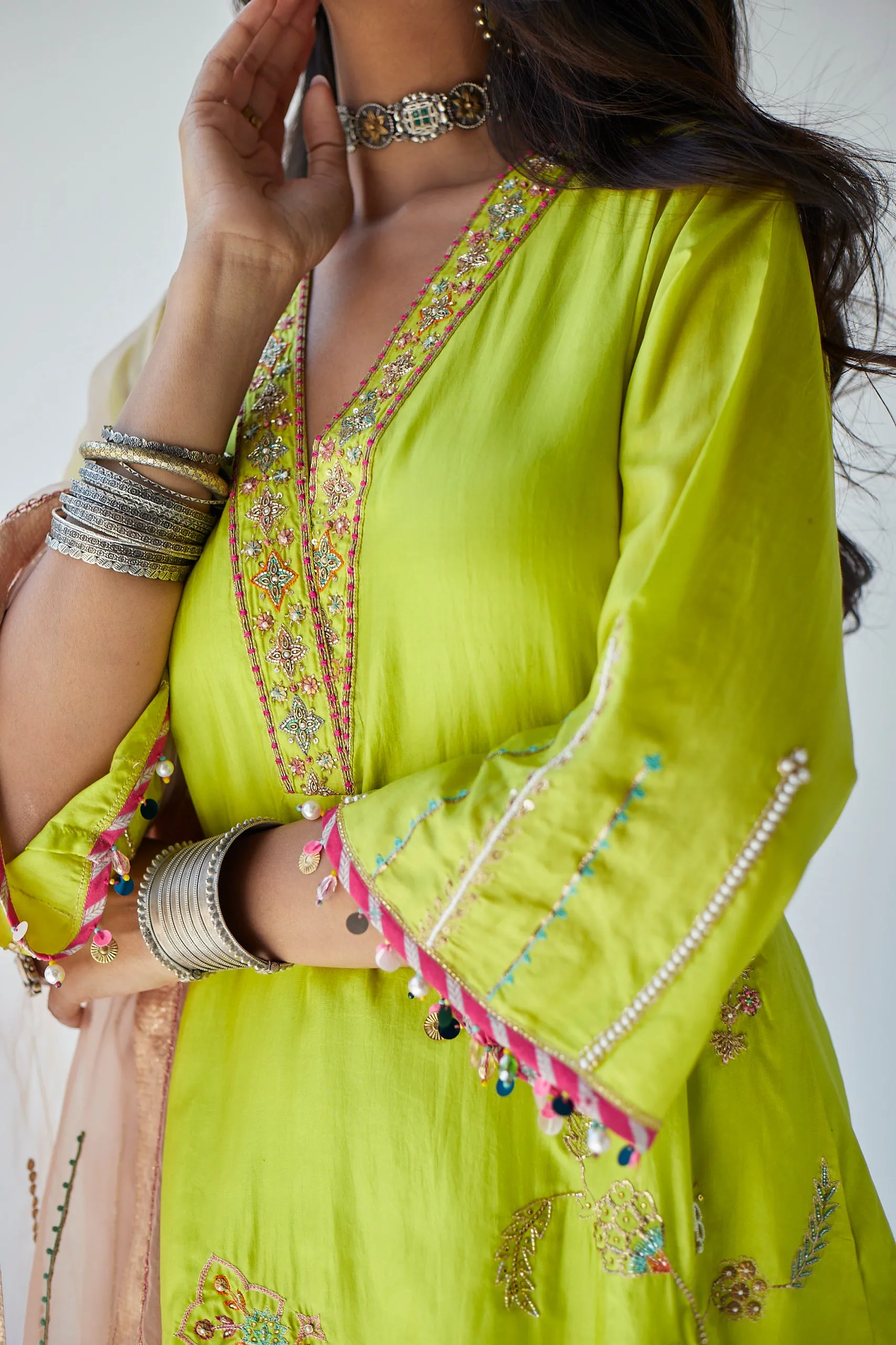 Lime Green Jaal Silk Kurta Set