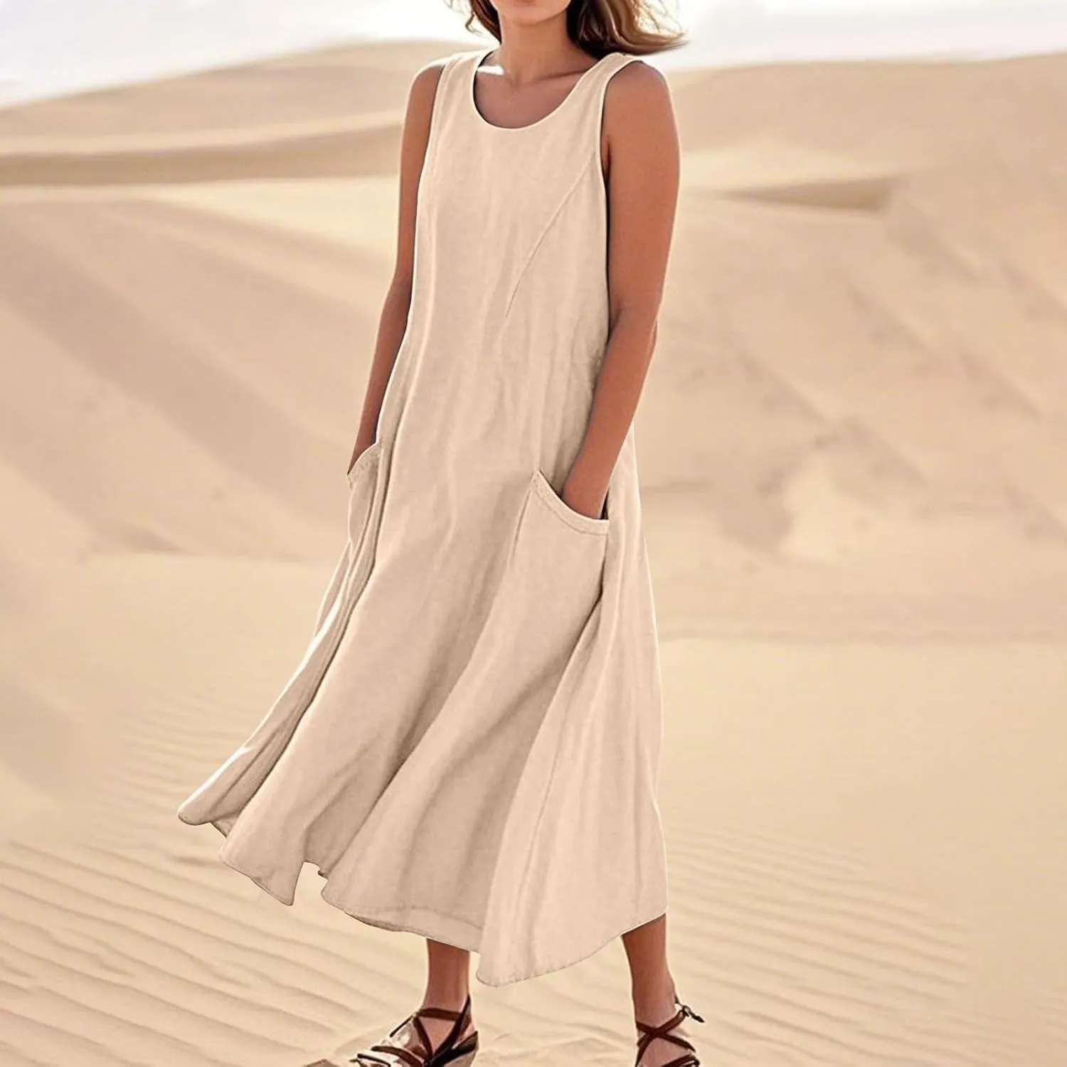 Linen Dresses for Women 2025 Sleeveless Long Flowy Shirt Dresses Boho Beach Vacation Summer Maxi Dress with Pockets