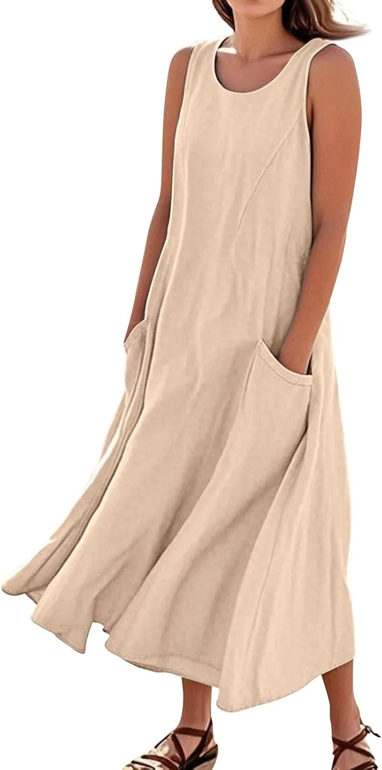 Linen Dresses for Women 2025 Sleeveless Long Flowy Shirt Dresses Boho Beach Vacation Summer Maxi Dress with Pockets