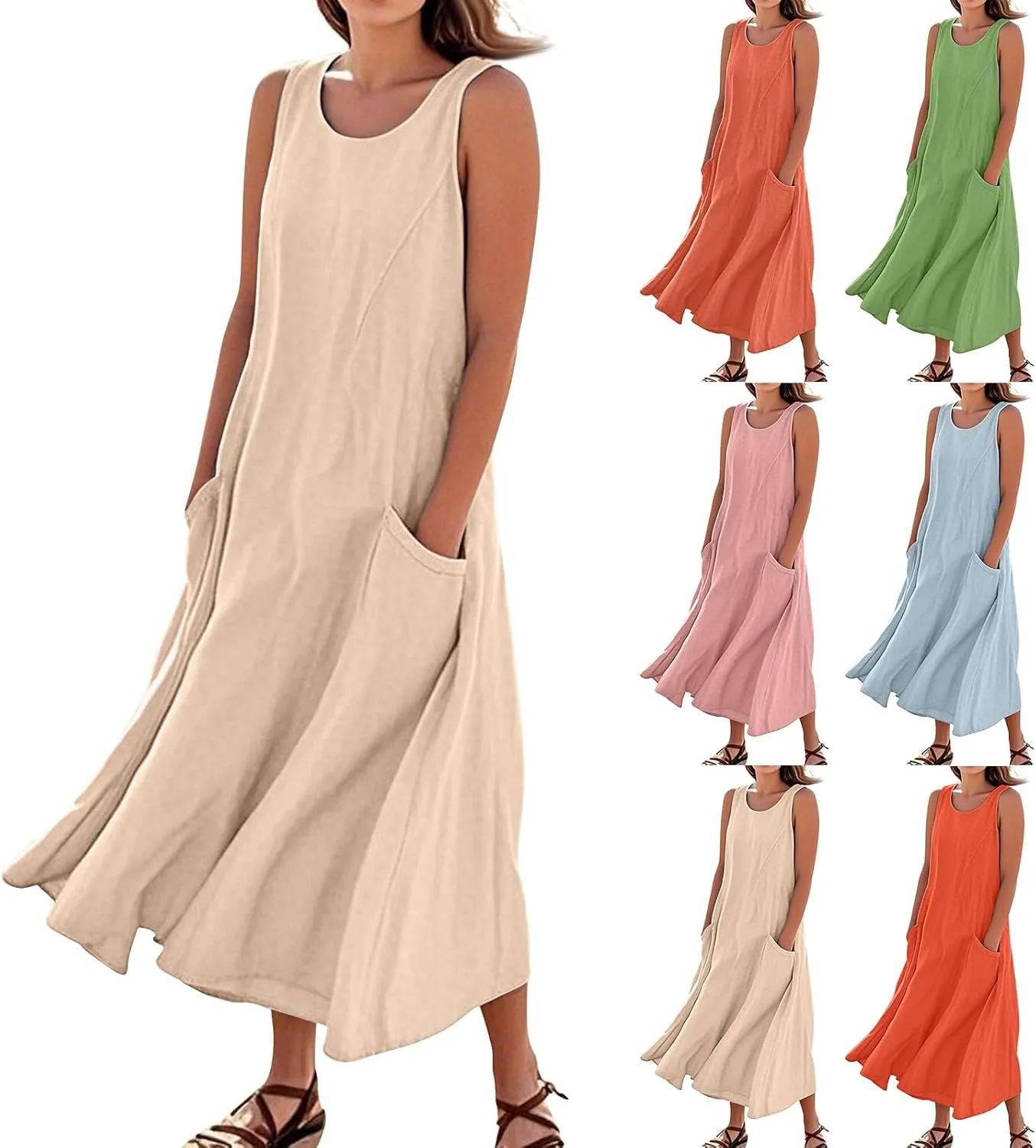 Linen Dresses for Women 2025 Sleeveless Long Flowy Shirt Dresses Boho Beach Vacation Summer Maxi Dress with Pockets