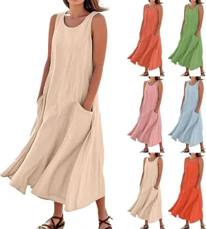 Linen Dresses for Women 2025 Sleeveless Long Flowy Shirt Dresses Boho Beach Vacation Summer Maxi Dress with Pockets
