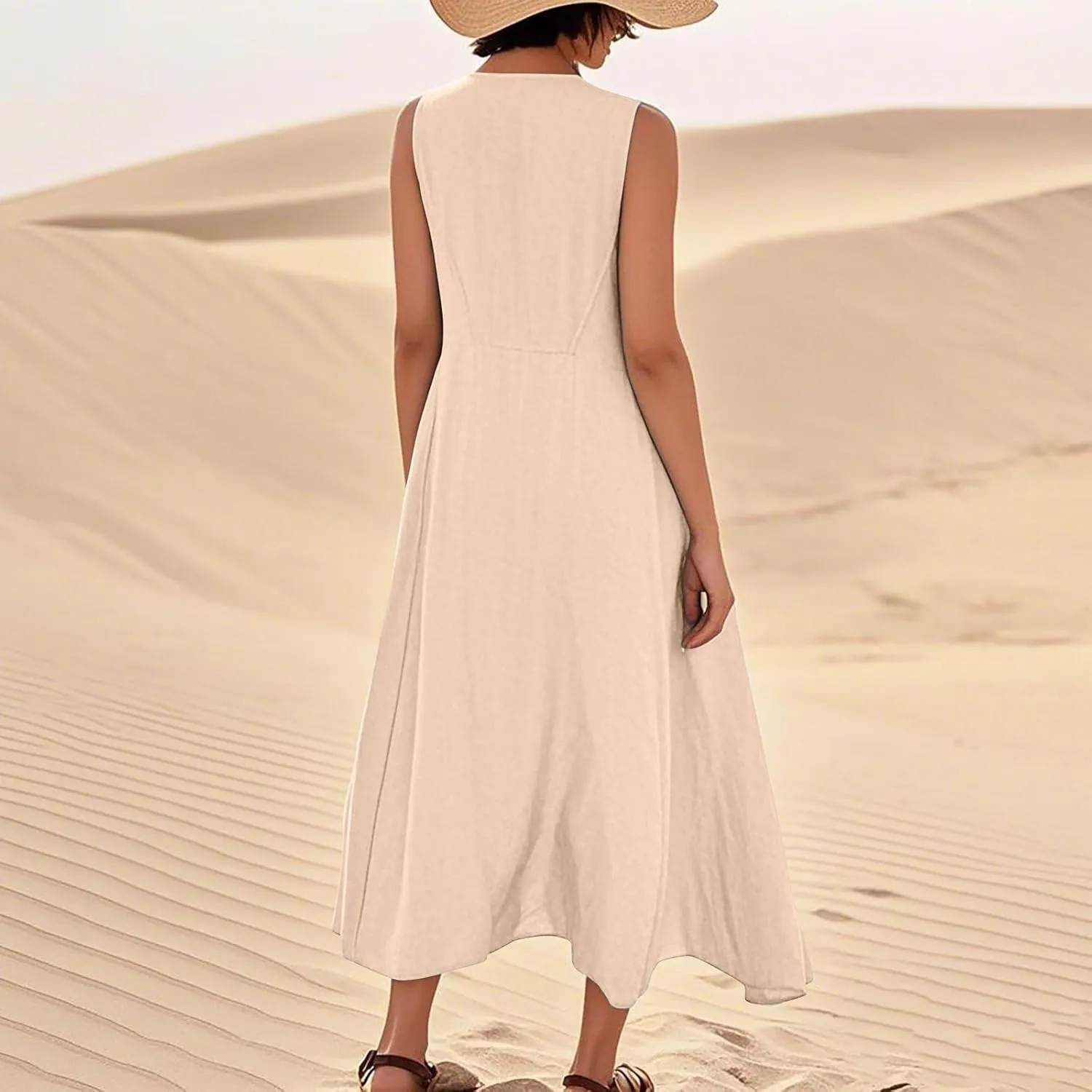 Linen Dresses for Women 2025 Sleeveless Long Flowy Shirt Dresses Boho Beach Vacation Summer Maxi Dress with Pockets