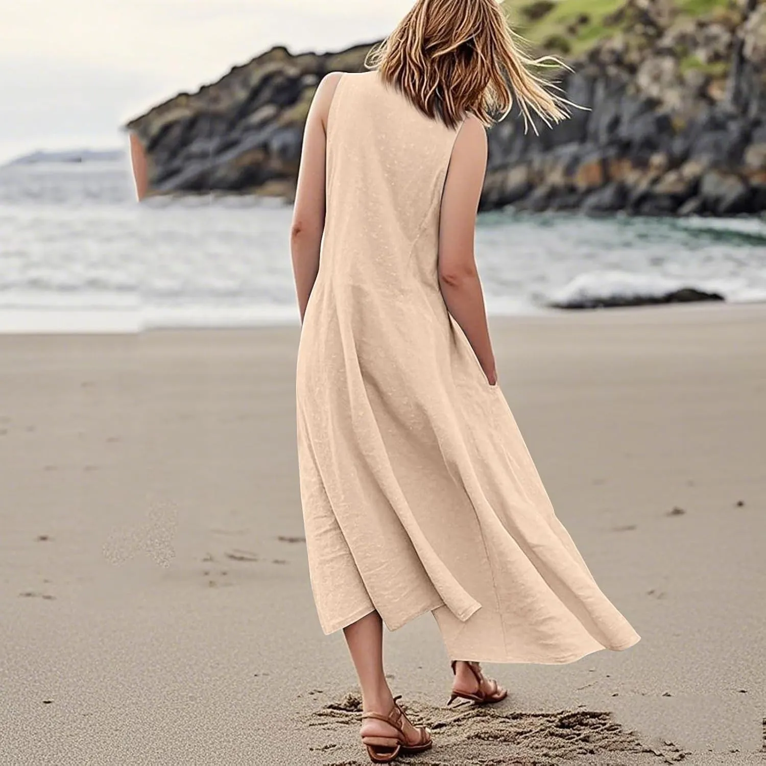 Linen Dresses for Women 2025 Sleeveless Long Flowy Shirt Dresses Boho Beach Vacation Summer Maxi Dress with Pockets