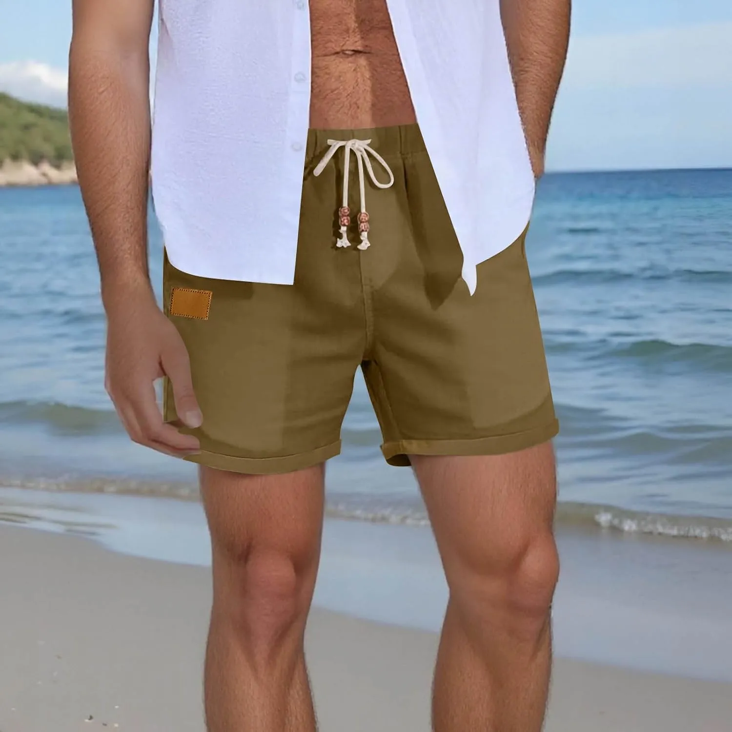 Linen Shorts for Men Casual Drawstring Elastic Waist Quick Dry Summer Beach Shorts with Pockets for Summer