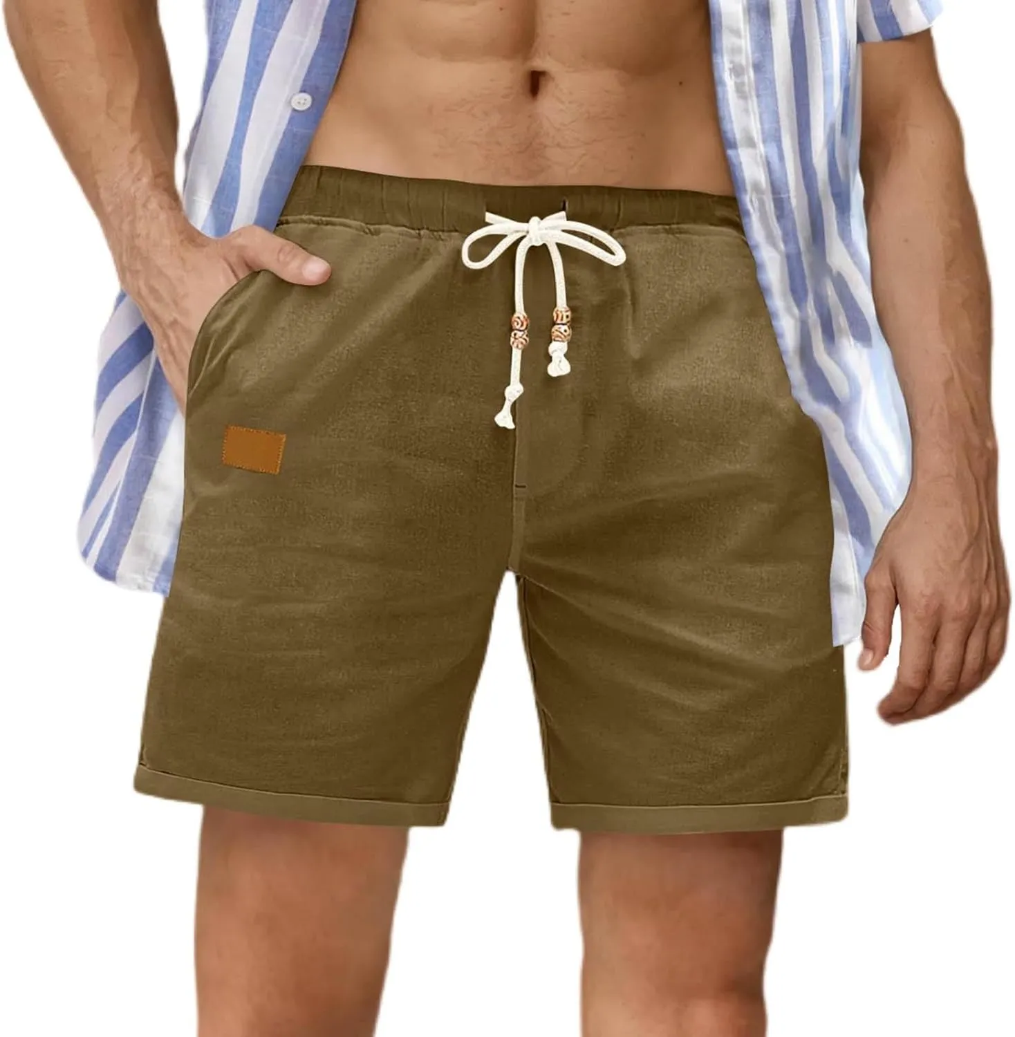 Linen Shorts for Men Casual Drawstring Elastic Waist Quick Dry Summer Beach Shorts with Pockets for Summer