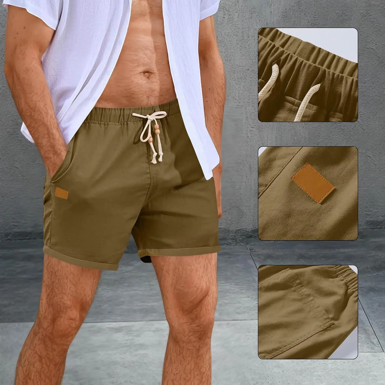 Linen Shorts for Men Casual Drawstring Elastic Waist Quick Dry Summer Beach Shorts with Pockets for Summer