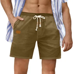 Linen Shorts for Men Casual Drawstring Elastic Waist Quick Dry Summer Beach Shorts with Pockets for Summer