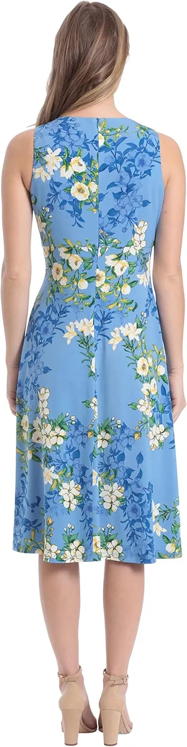 London Times Women's Dresses Sleeveless Fit and Flare Dress with Pleat Tucks and Keyhole Detail at Neck