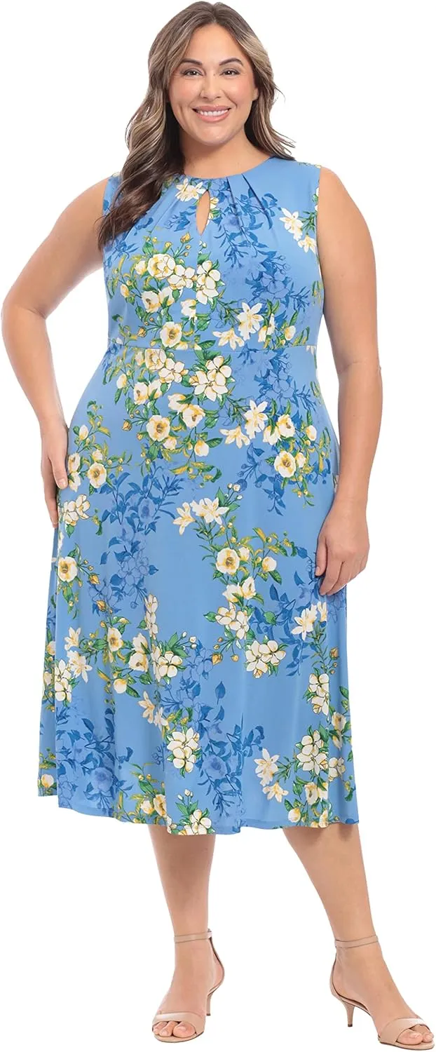 London Times Women's Dresses Sleeveless Fit and Flare Dress with Pleat Tucks and Keyhole Detail at Neck