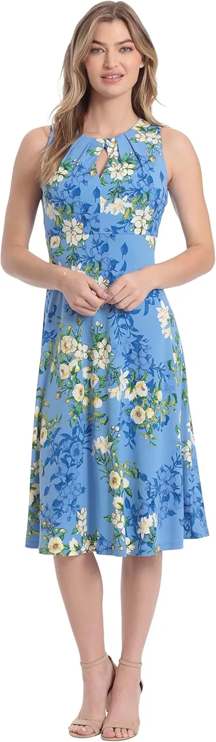 London Times Women's Dresses Sleeveless Fit and Flare Dress with Pleat Tucks and Keyhole Detail at Neck
