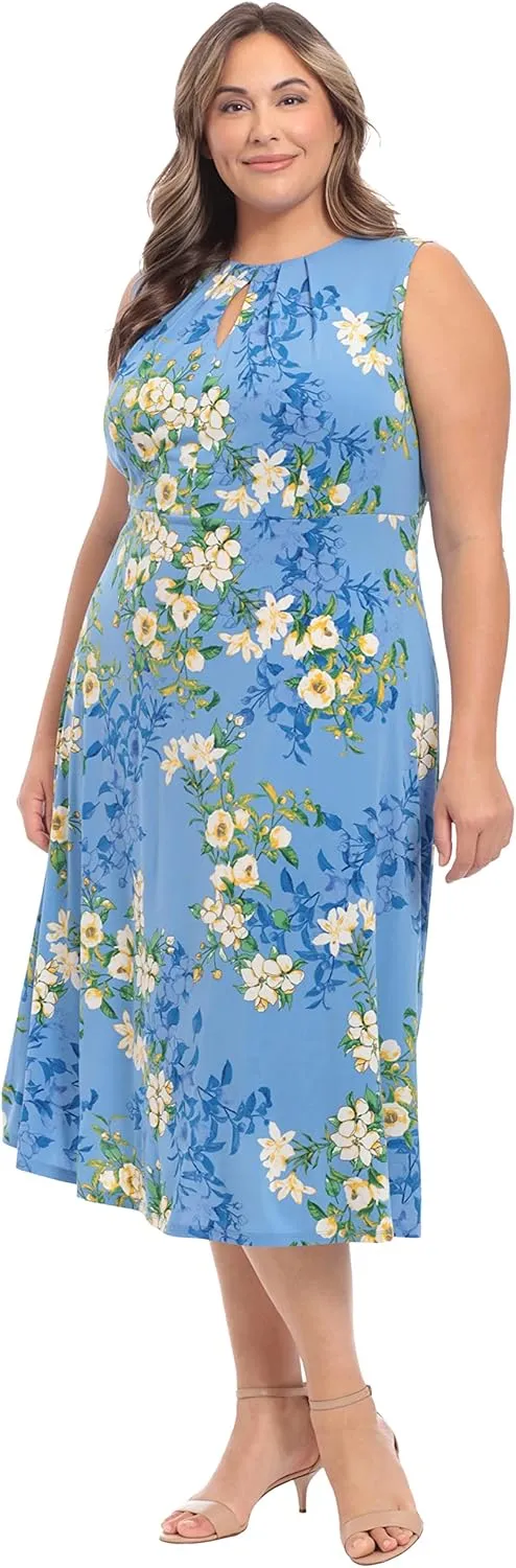 London Times Women's Dresses Sleeveless Fit and Flare Dress with Pleat Tucks and Keyhole Detail at Neck